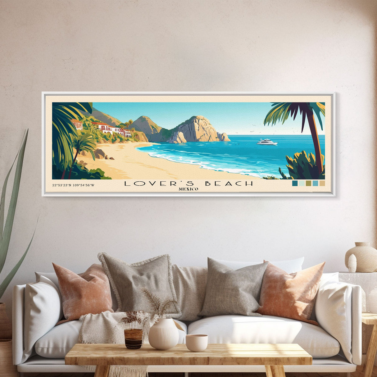 Lover’s Beach, Mexico Panoramic Beach Print, Vacation Gift, Mexico Wall Art, Framed Canvas Print, Framed Beach Painting