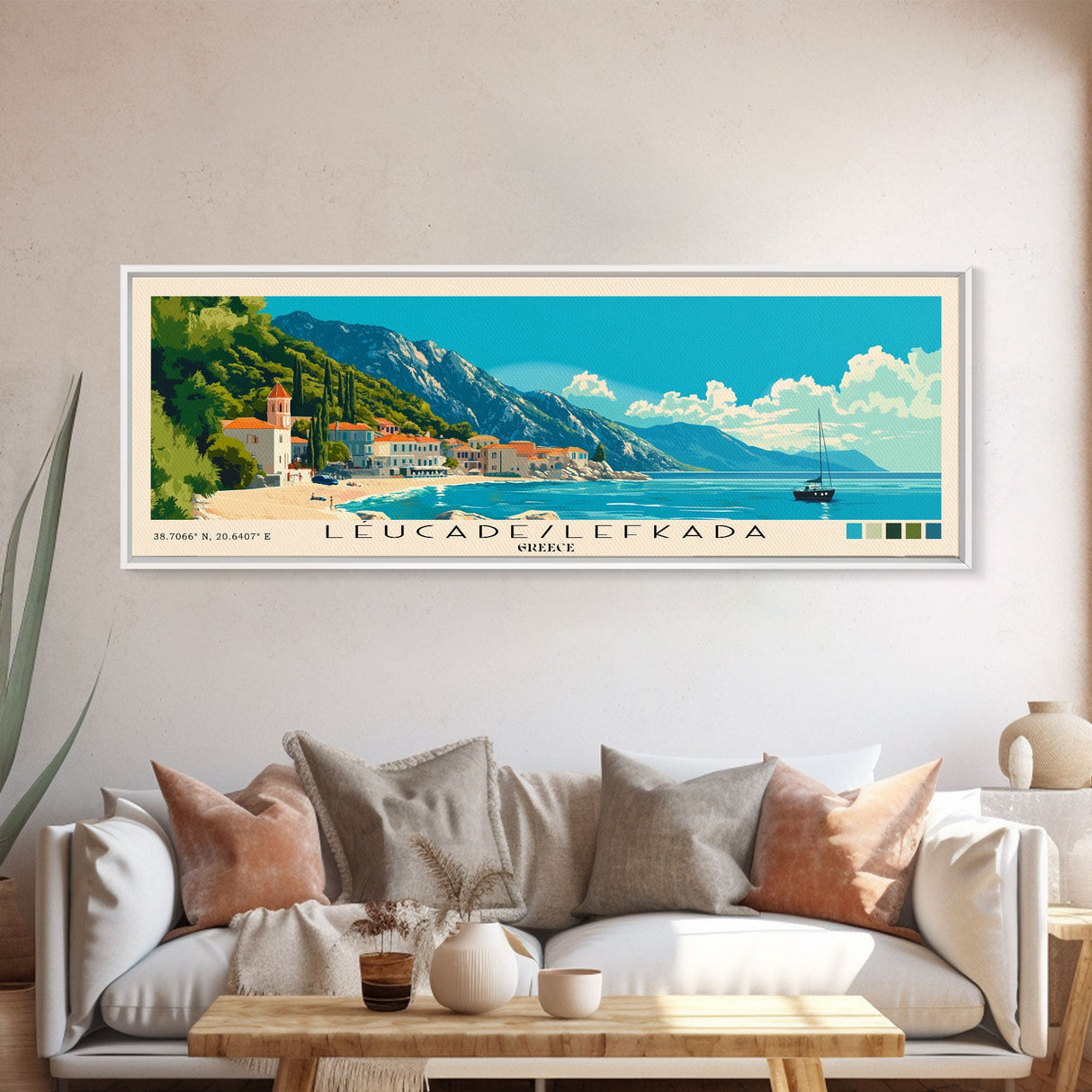 Léucade/Lefkada, Greece Panoramic Beach Print, Vacation Gift, Greece Wall Art, Framed Canvas Print, Framed Beach Painting