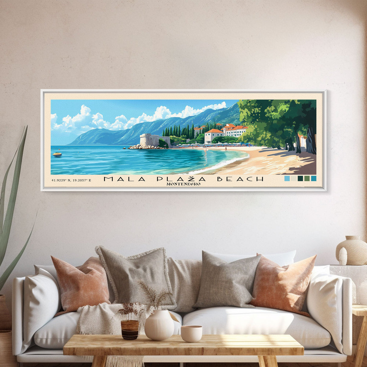 Mala Plaža Beach, Montenegro Panoramic Print, Vacation Gift, Montenegro Wall Art, Beach Painting, Beach Decor, Large Wall Art, Wood Frame Art