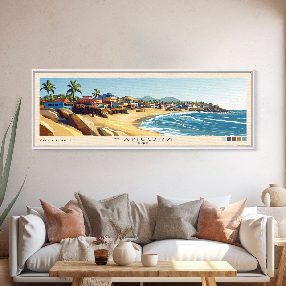 Mancora, Peru Panoramic Beach Print, Vacation Gift, Peru Wall Art, Framed Canvas Print, Framed Beach Painting