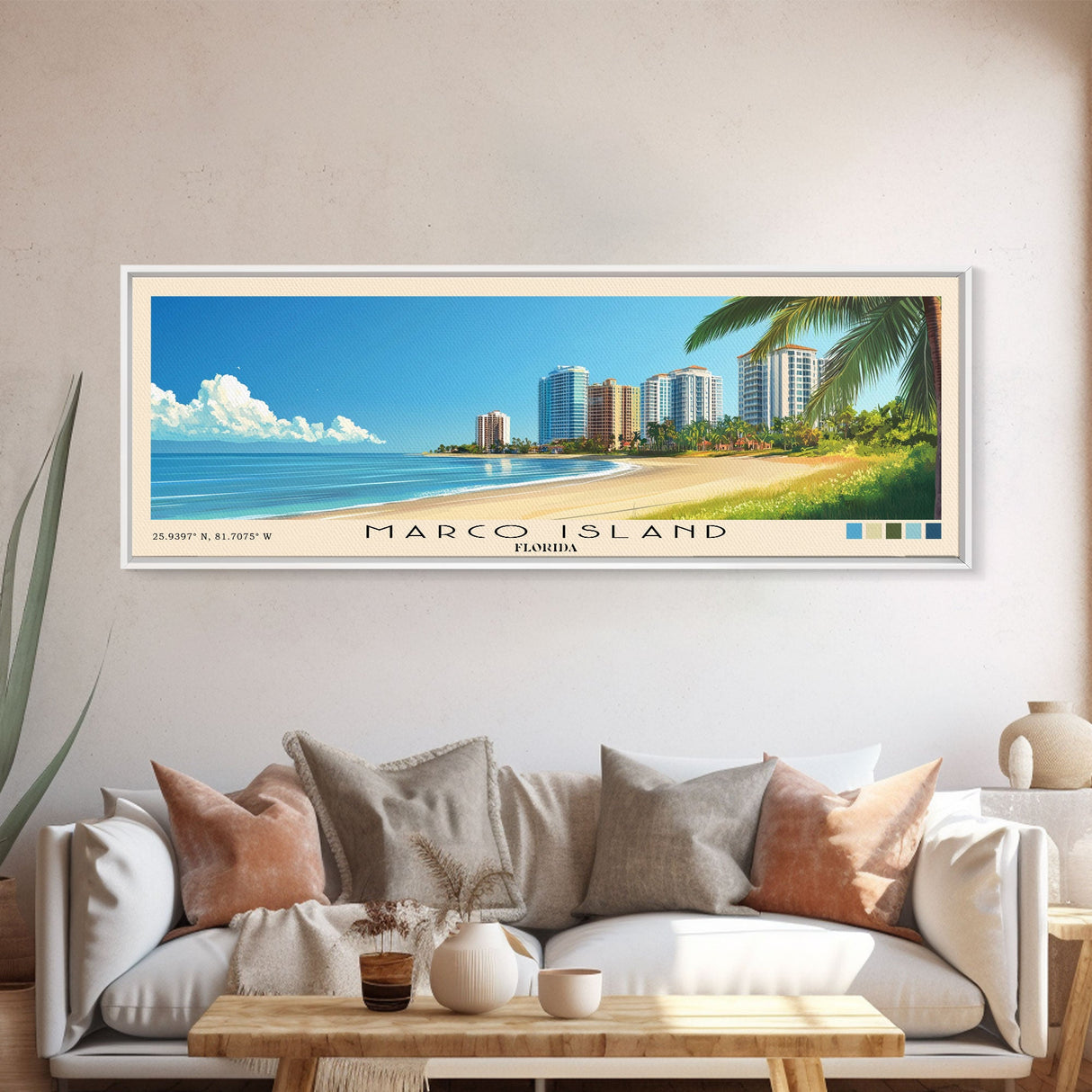 Marco Island, Florida Panoramic Beach Print, Vacation Gift, Florida Wall Art, Framed Canvas Print, Framed Beach Painting