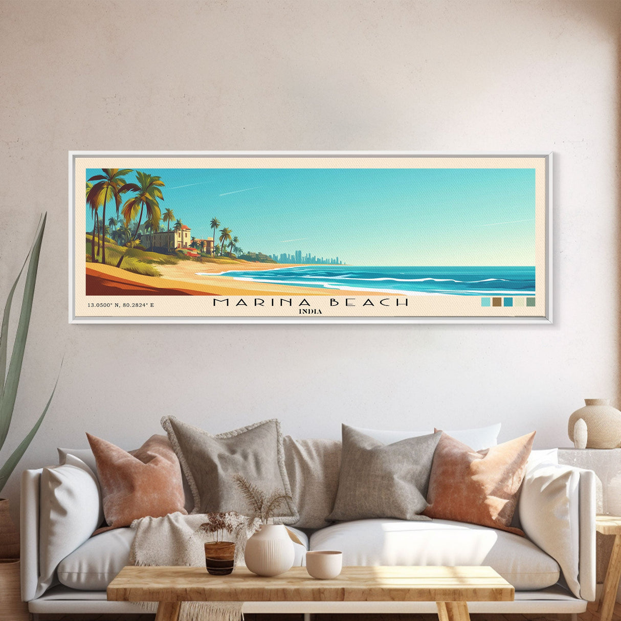 Marina Beach, India Panoramic Print, Vacation Gift, India Wall Art, Beach Painting, Beach Decor, Large Wall Art, Wood Frame Art