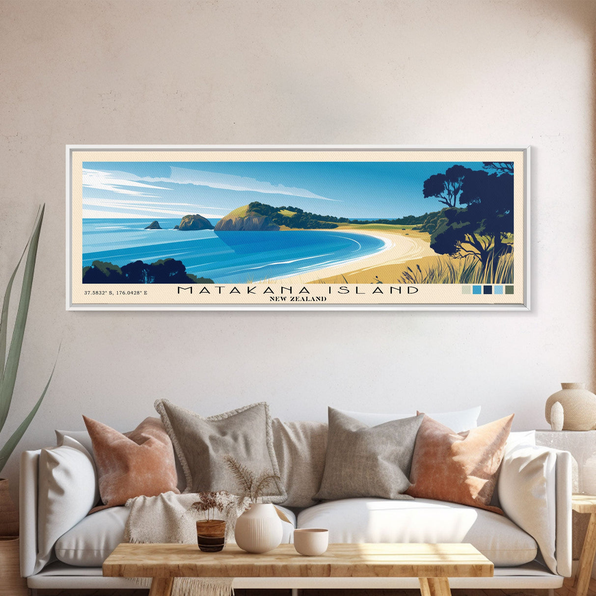 Matakana Island, New Zealand Panoramic Beach Print, Vacation Gift, New Zealand Wall Art, Framed Canvas Print, Framed Beach Painting