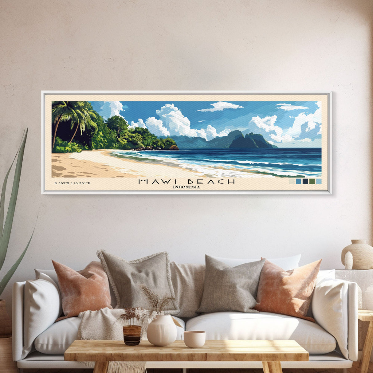 Mawi Beach, Indonesia Panoramic Beach Print, Vacation Gift, Indonesia Wall Art, Framed Canvas Print, Framed Beach Painting