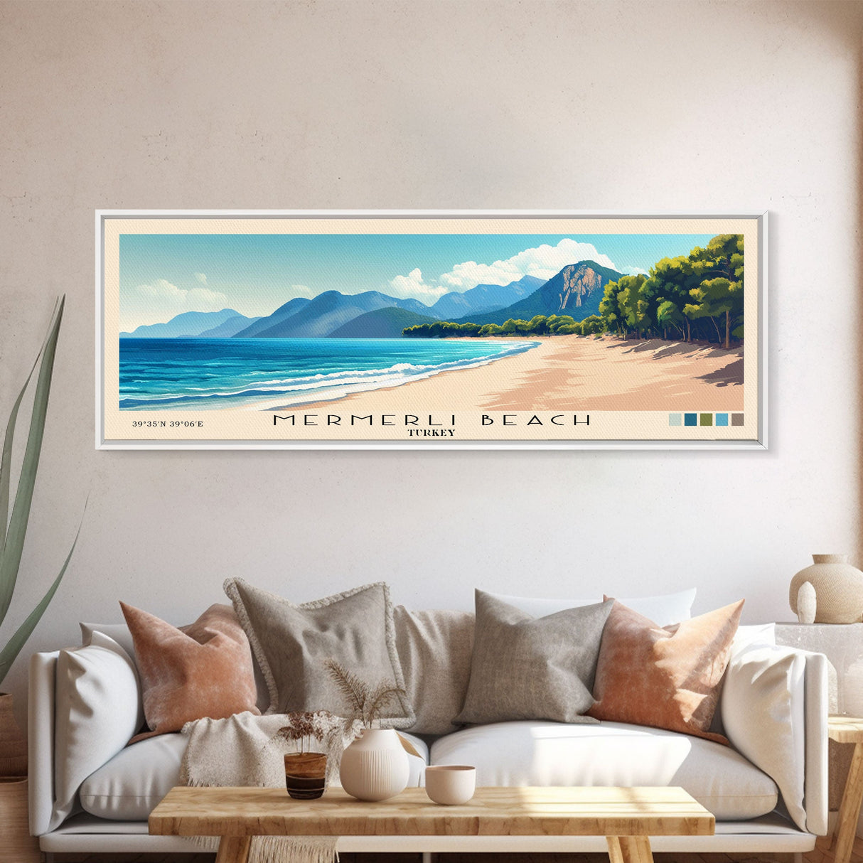 Mermerli Beach, Turkey Panoramic Beach Print, Vacation Gift, Turkey Wall Art, Framed Canvas Print, Framed Beach Painting