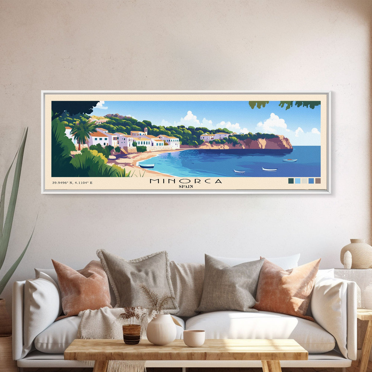 Minorca, Spain Panoramic Beach Print, Vacation Gift, Spain Wall Art, Framed Canvas Print, Framed Beach Painting