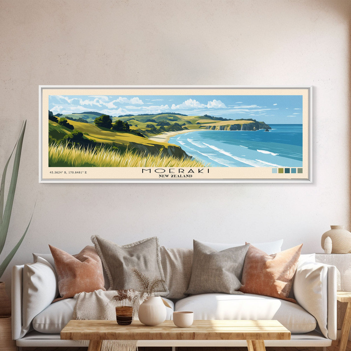 Moeraki, New Zealand Panoramic Beach Print, Vacation Gift, New Zealand Wall Art, Framed Canvas Print, Framed Beach Painting