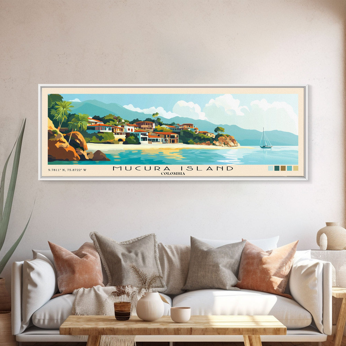 Mucura Island, Colombia Panoramic Beach Print, Vacation Gift, Colombia Wall Art, Framed Canvas Print, Framed Beach Painting