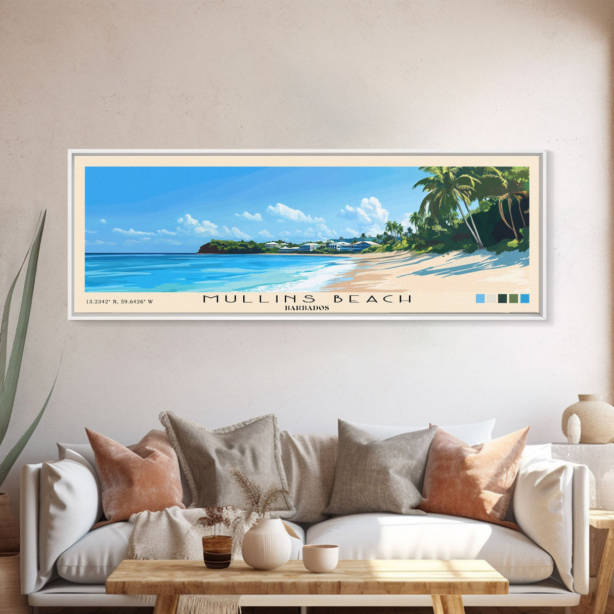 Mullins Beach, Barbados Panoramic Beach Print, Vacation Gift, Barbados Wall Art, Beach Painting, Beach Decor, Beach Painting