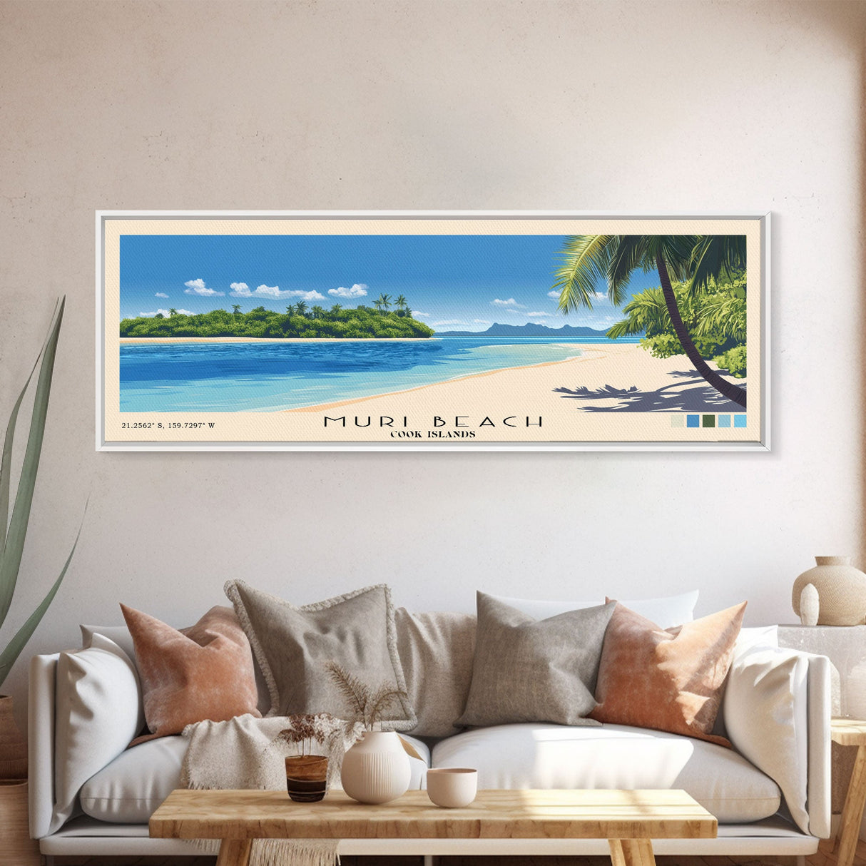 Muri Beach, Cook Islands Panoramic Beach Print, Vacation Gift, Cook Islands Wall Art, Framed Canvas Print, Framed Beach Painting