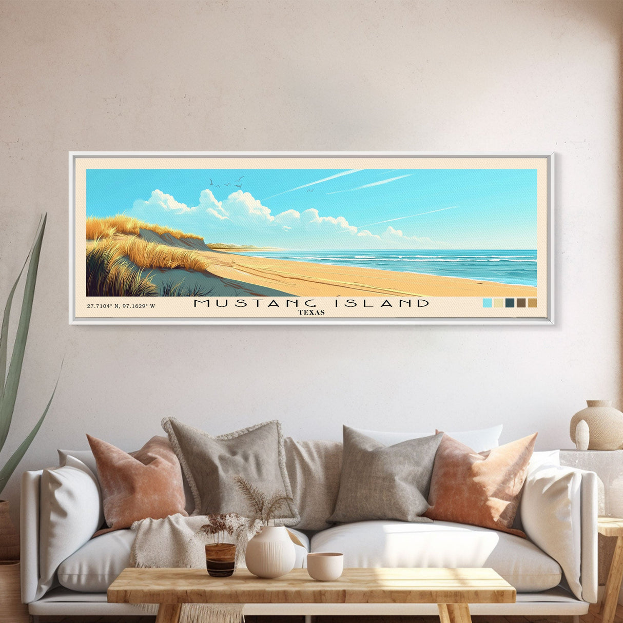 Mustang Island, Texas Panoramic Beach Print, Vacation Gift, Texas Wall Art, Beach Painting, Beach Decor, Beach Painting