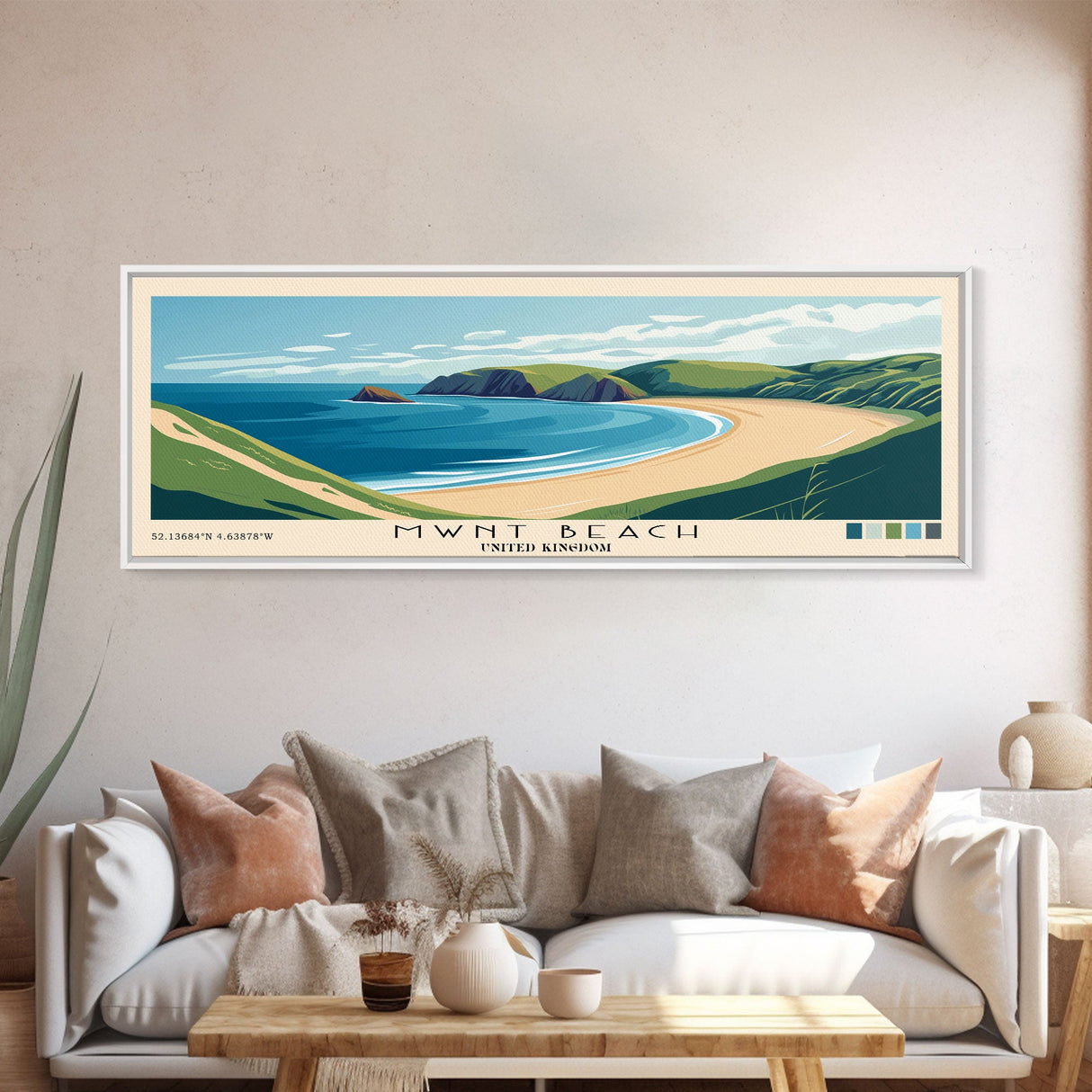 Mwnt Beach, United Kingdom Panoramic Beach Print, Vacation Gift, United Kingdom Wall Art, Framed Canvas Print, Framed Beach Painting