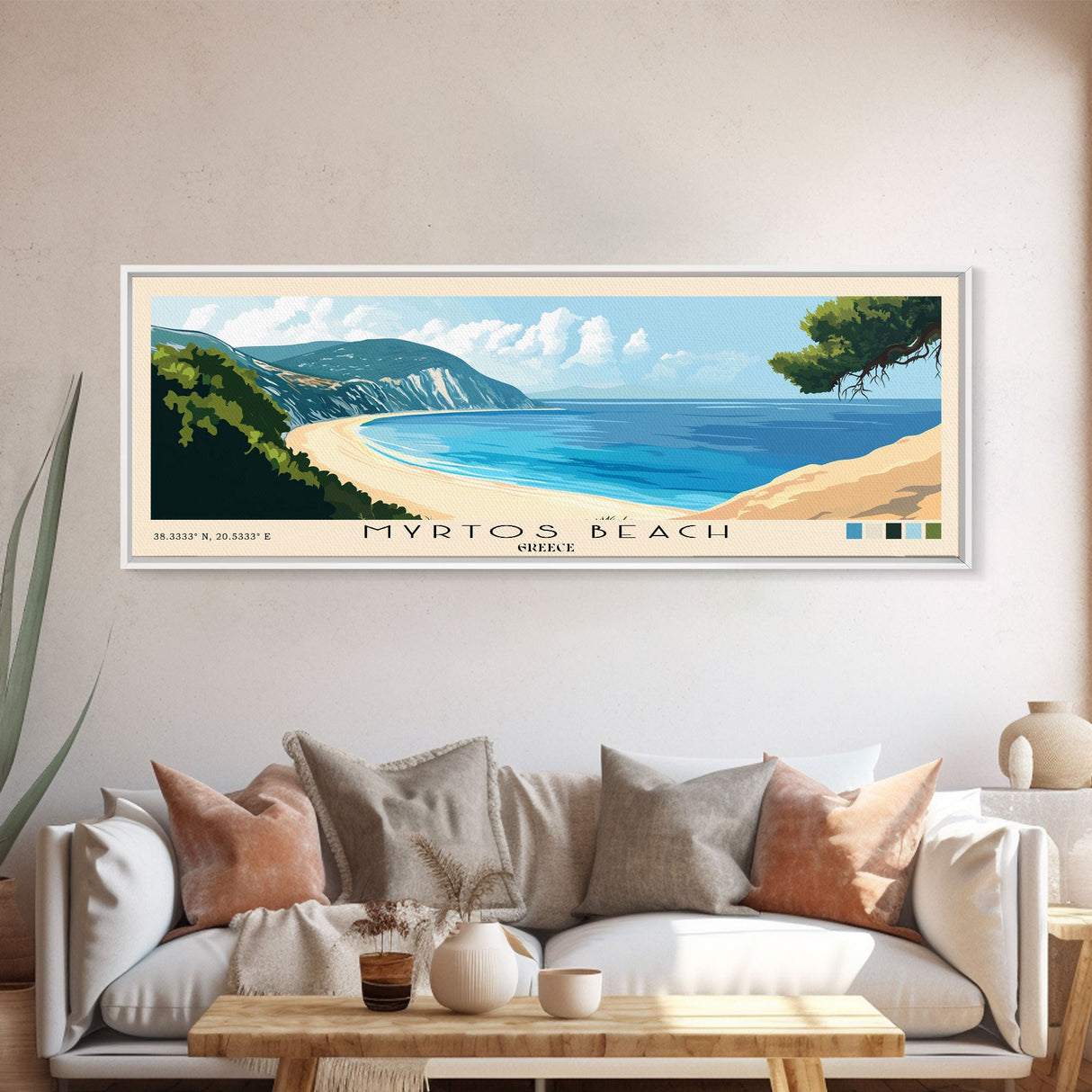 Myrtos Beach, Greece Panoramic Print, Vacation Gift, Greece Wall Art, Beach Painting, Beach Decor, Beach Or Lakehouse Art