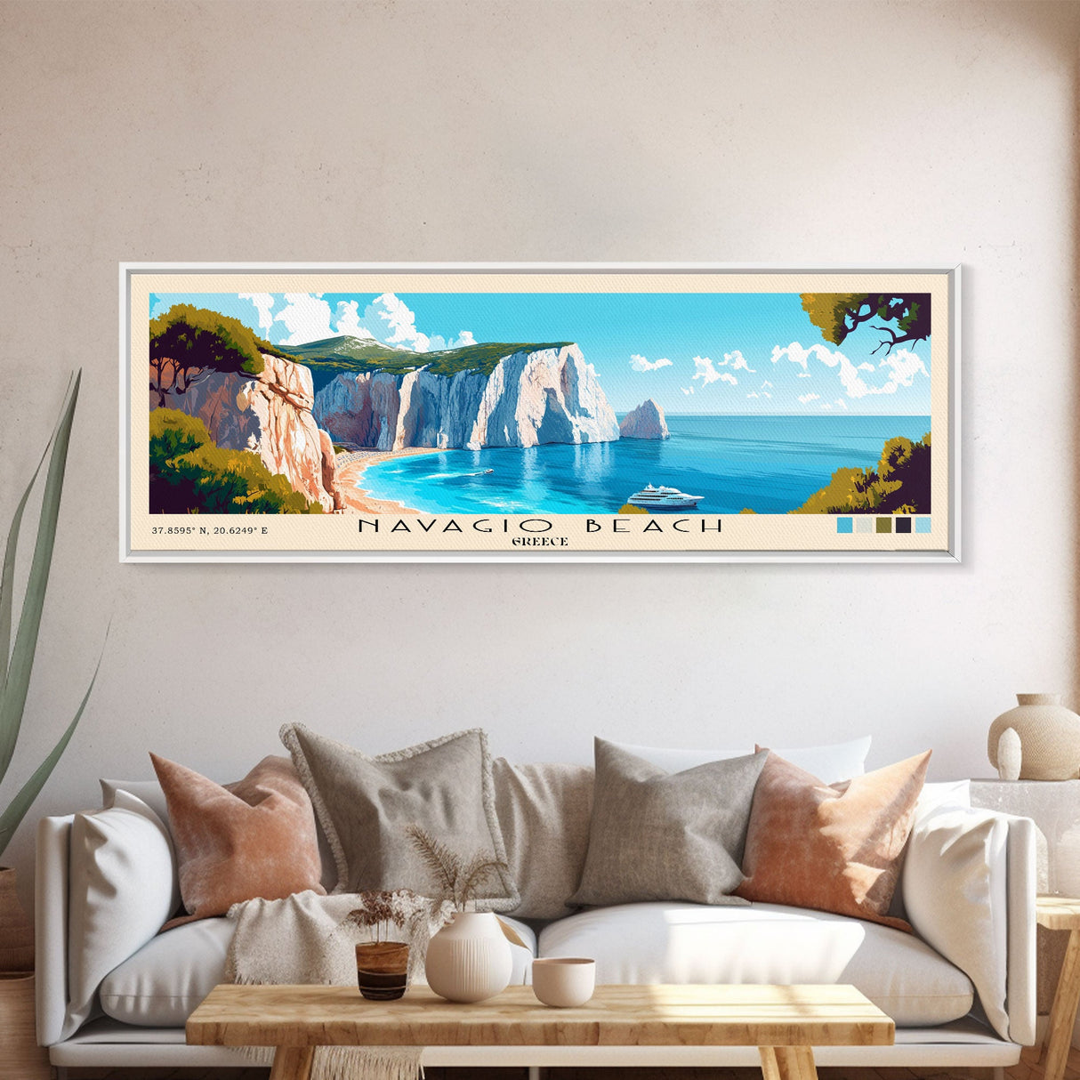 Navagio Beach, Greece Panoramic Beach Print, Vacation Gift, Greece Wall Art, Framed Canvas Print, Framed Beach Painting