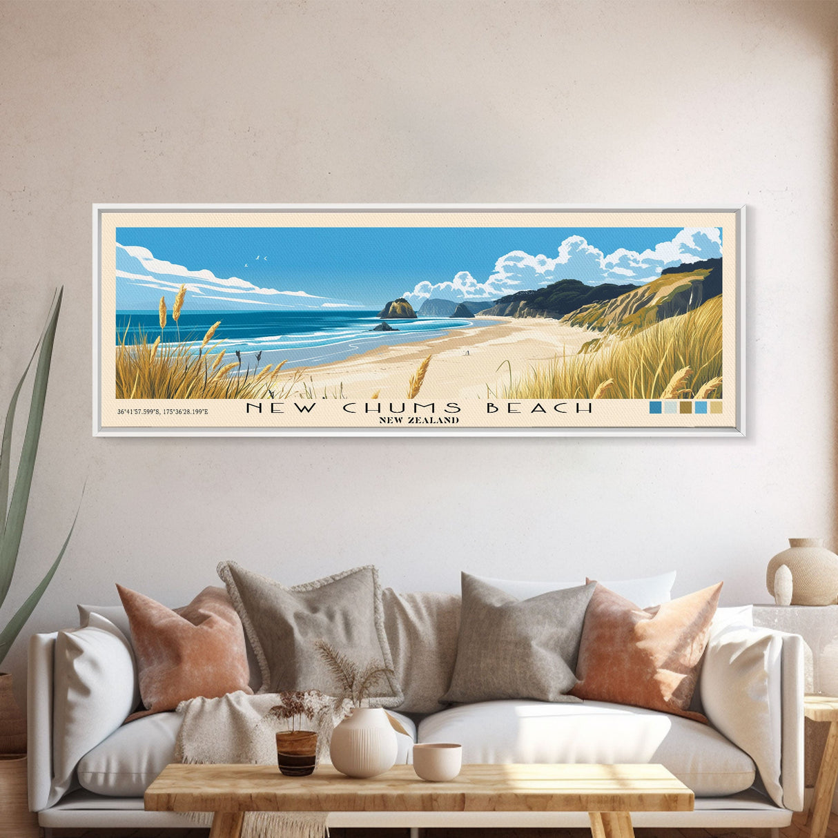 New Chums Beach, New Zealand Panoramic Print, Vacation Gift, New Zealand Wall Art, Beach Painting, Beach Decor, Beach Or Lakehouse Art