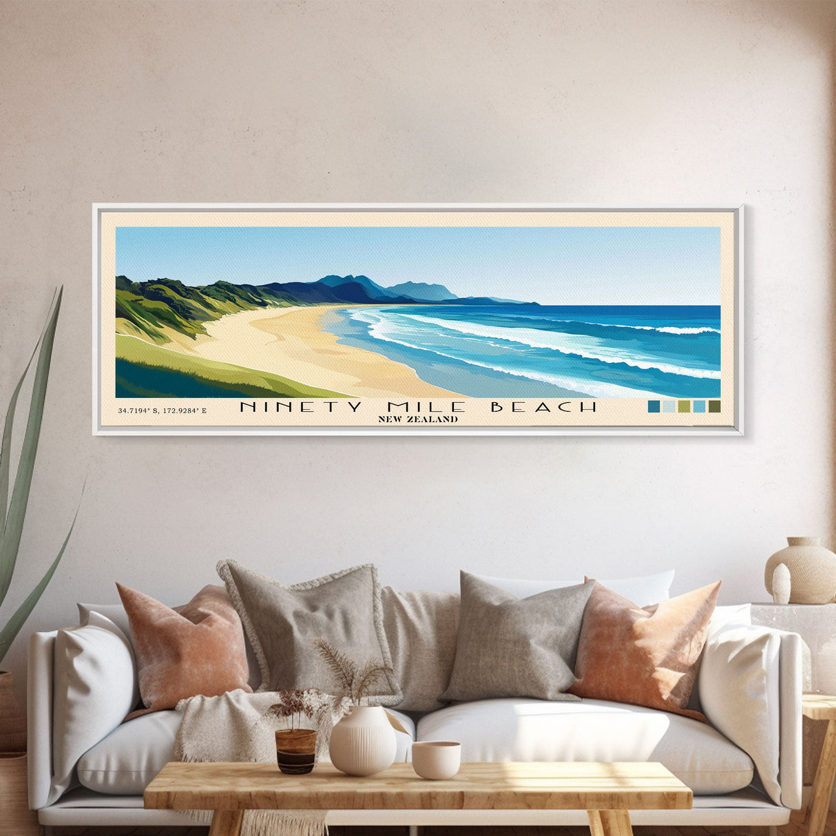 Ninety Mile Beach, New Zealand Panoramic Print, Vacation Gift, New Zealand Wall Art, Beach Painting, Beach Decor, Beach Or Lakehouse Art