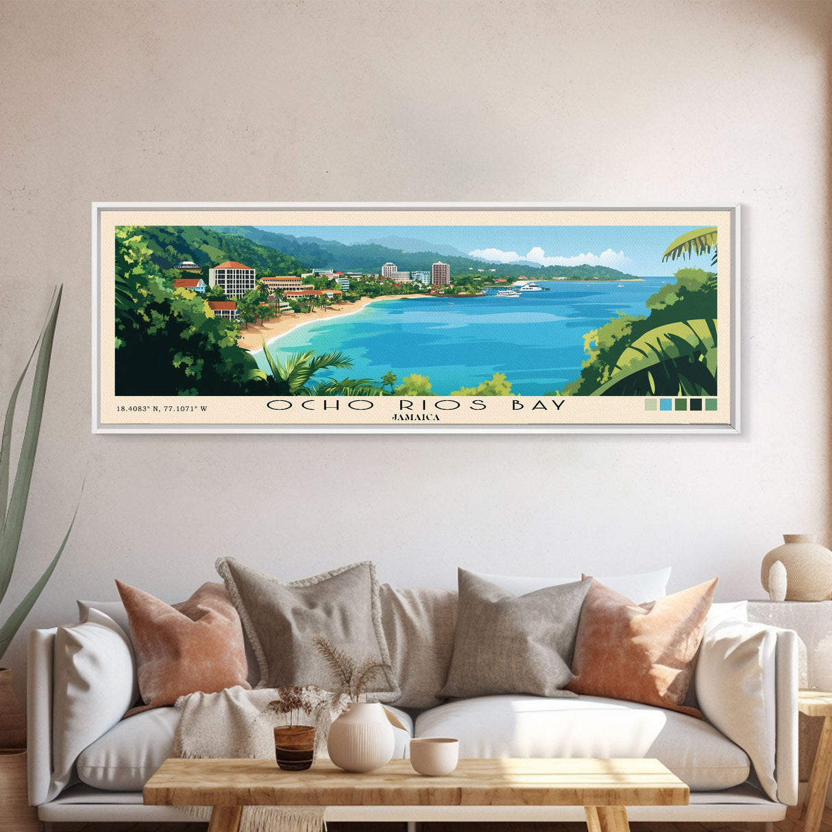 Ocho Rios Bay, Jamaica Panoramic Print, Vacation Gift, Jamaica Wall Art, Beach Painting, Beach Decor, Large Wall Art, Wood Frame Art