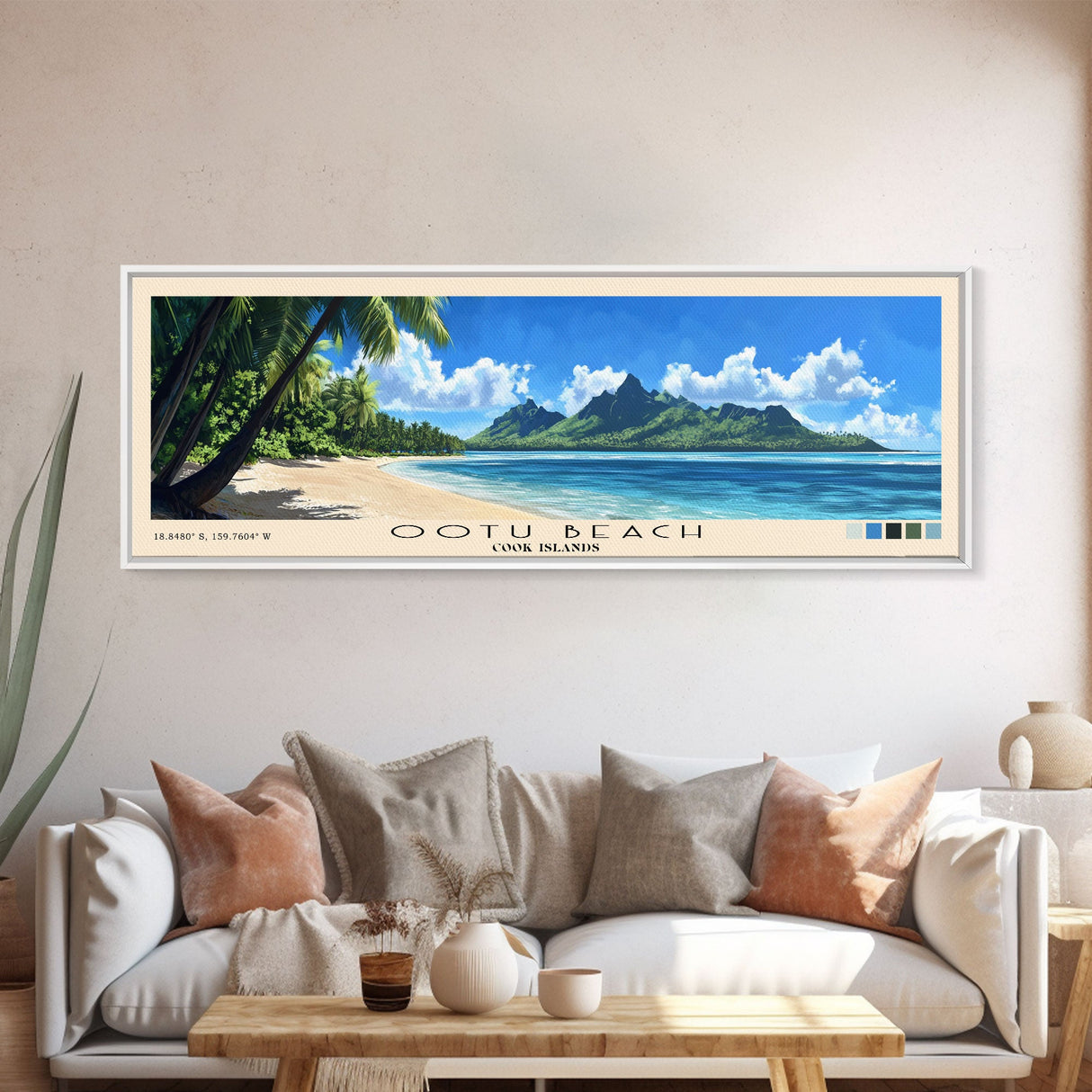 Ootu Beach, Cook Islands Panoramic Print, Vacation Gift, Cook Islands Wall Art, Beach Painting, Beach Decor, Large Wall Art, Wood Frame Art