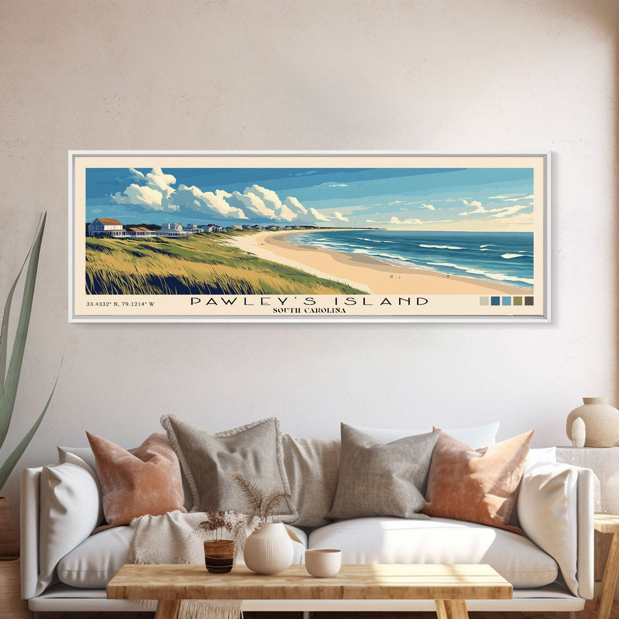 Pawley's Island, South Carolina Panoramic Beach Print, Vacation Gift, South Carolina Wall Art, Framed Canvas Print, Framed Beach Painting