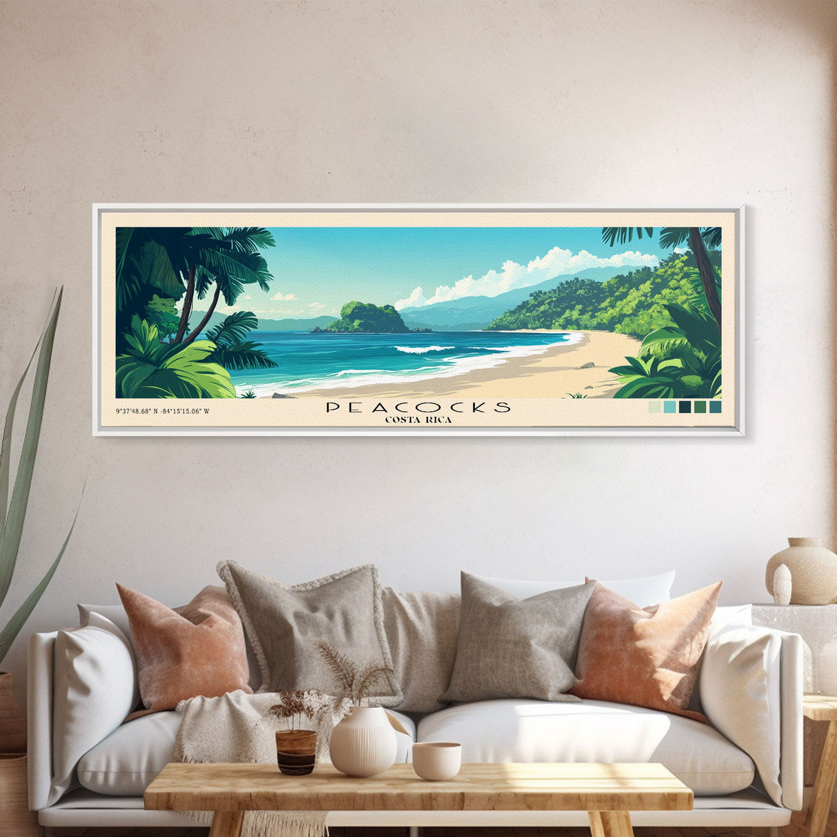 Peacocks, Costa Rica Panoramic Beach Print, Vacation Gift, Costa Rica Wall Art, Beach Painting, Beach Decor, Beach Painting