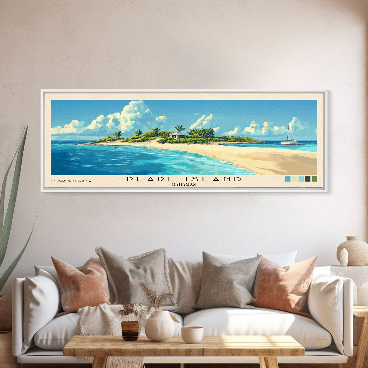 Pearl Island, Bahamas Panoramic Print, Vacation Gift, Bahamas Wall Art, Beach Painting, Beach Decor, Large Wall Art, Wood Frame Art