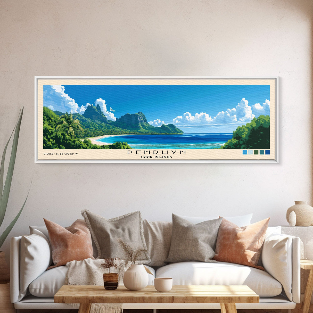 Penrhyn, Cook Islands Panoramic Beach Print, Vacation Gift, Cook Islands Wall Art, Framed Canvas Print, Framed Beach Painting