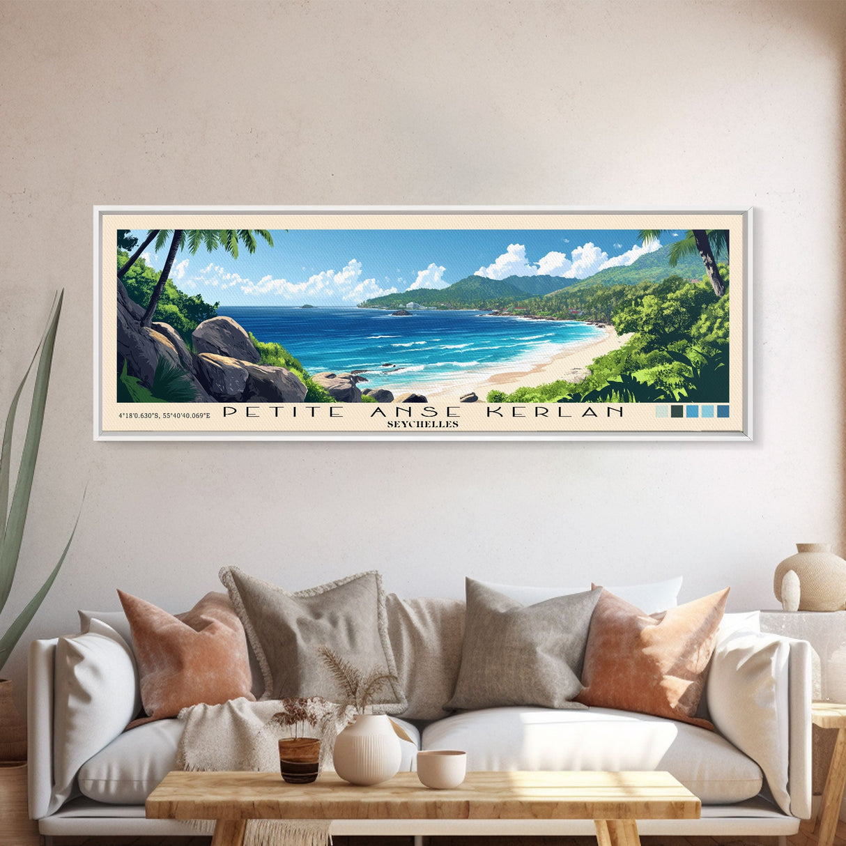 Petite Anse Kerlan, Seychelles Panoramic Beach Print, Vacation Gift, Seychelles Wall Art, Framed Canvas Print, Framed Beach Painting