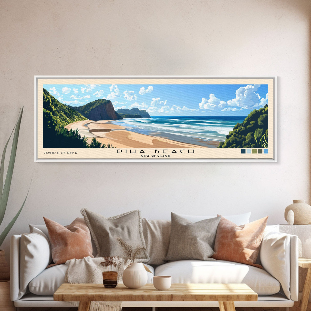 Piha Beach, New Zealand Panoramic Print, Vacation Gift, New Zealand Wall Art, Beach Painting, Beach Decor, Beach Or Lakehouse Art