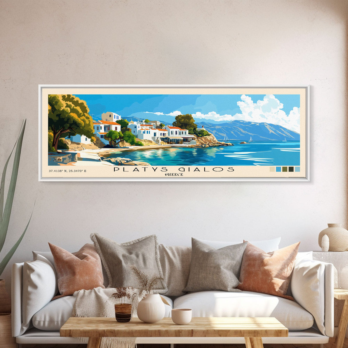 Platys Gialos, Greece Panoramic Beach Print, Vacation Gift, Greece Wall Art, Beach Painting, Beach Decor, Beach Painting