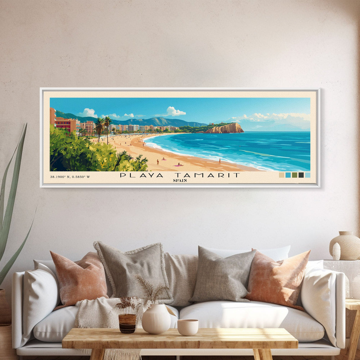 Playa Tamarit, Spain Panoramic Print, Vacation Gift, Spain Wall Art, Beach Painting, Beach Decor, Beach Or Lakehouse Art