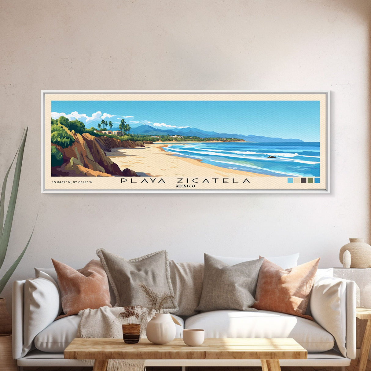 Playa Zicatela, Mexico Panoramic Print, Vacation Gift, Mexico Wall Art, Beach Painting, Beach Decor, Large Wall Art, Wood Frame Art