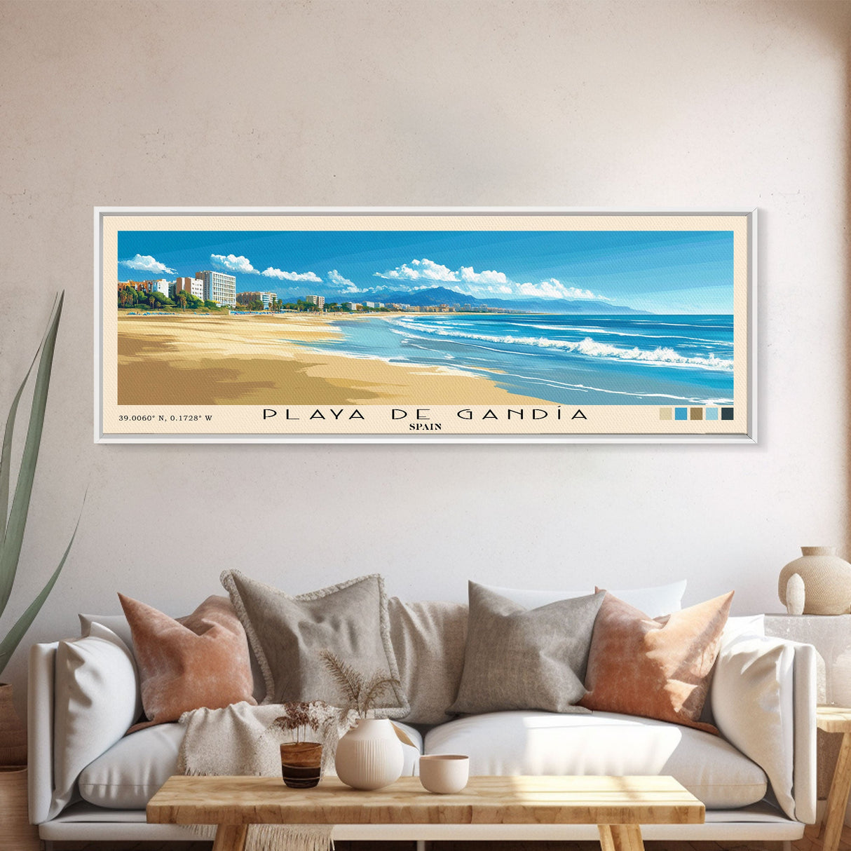 Playa de Gandía, Spain Panoramic Beach Print, Vacation Gift, Spain Wall Art, Beach Painting, Beach Decor, Beach Painting