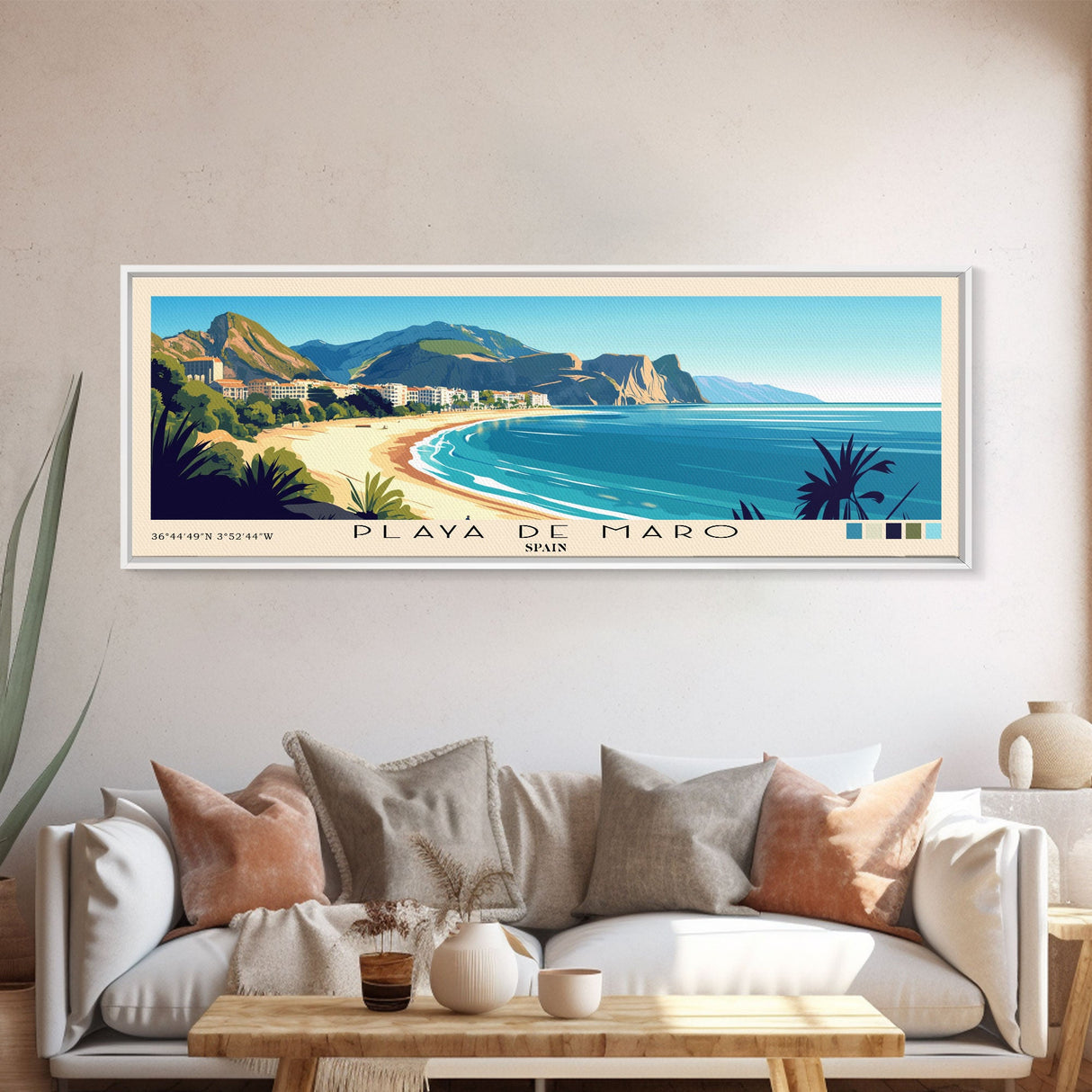 Playa de Maro, Spain Panoramic Print, Vacation Gift, Spain Wall Art, Beach Painting, Beach Decor, Large Wall Art, Wood Frame Art