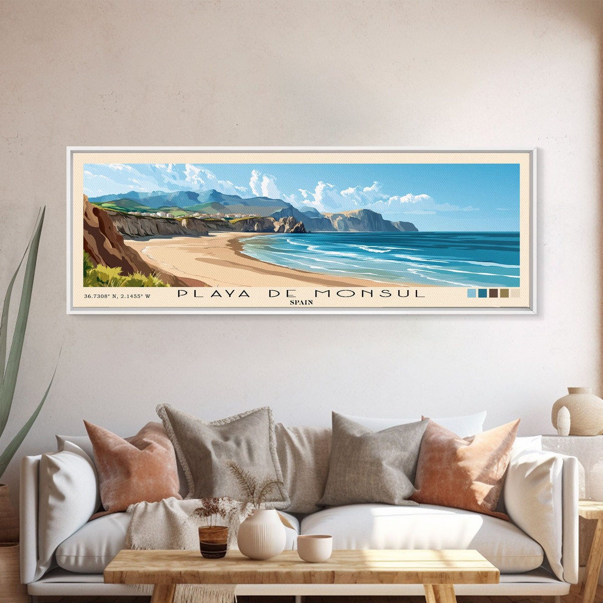 Playa de Monsul, Spain Panoramic Beach Print, Vacation Gift, Spain Wall Art, Framed Canvas Print, Framed Beach Painting