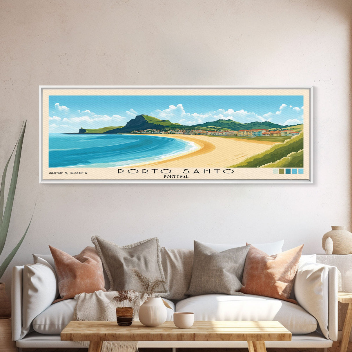 Porto Santo, Portugal Panoramic Beach Print, Vacation Gift, Portugal Wall Art, Framed Canvas Print, Framed Beach Painting