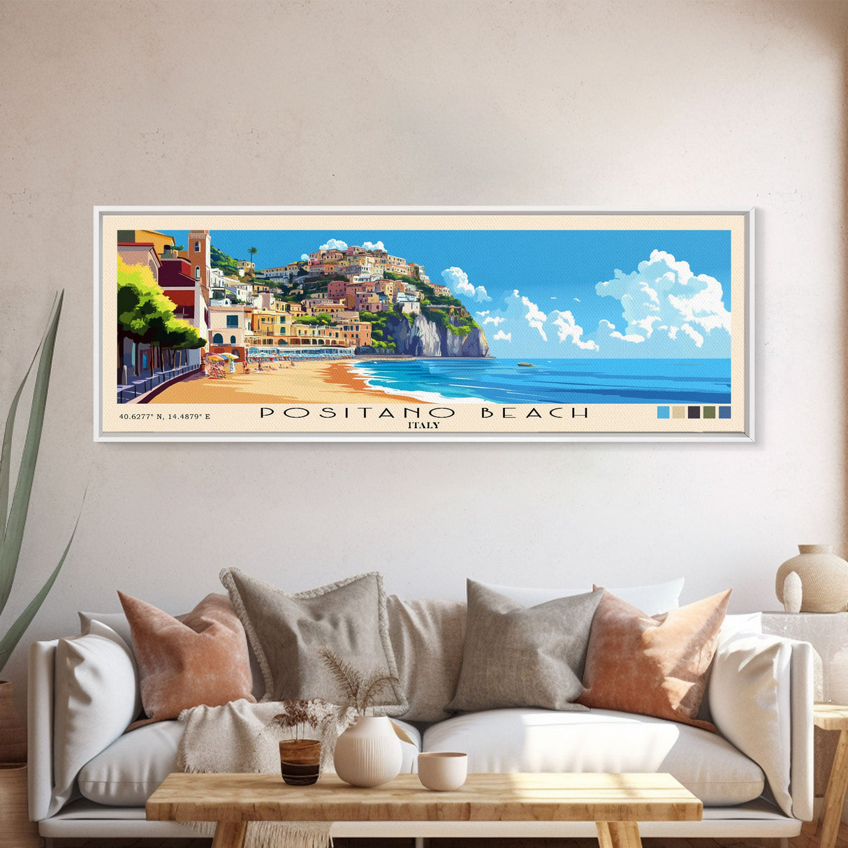 Positano Beach, Italy Panoramic Print, Vacation Gift, Italy Wall Art, Beach Painting, Beach Decor, Beach Or Lakehouse Art