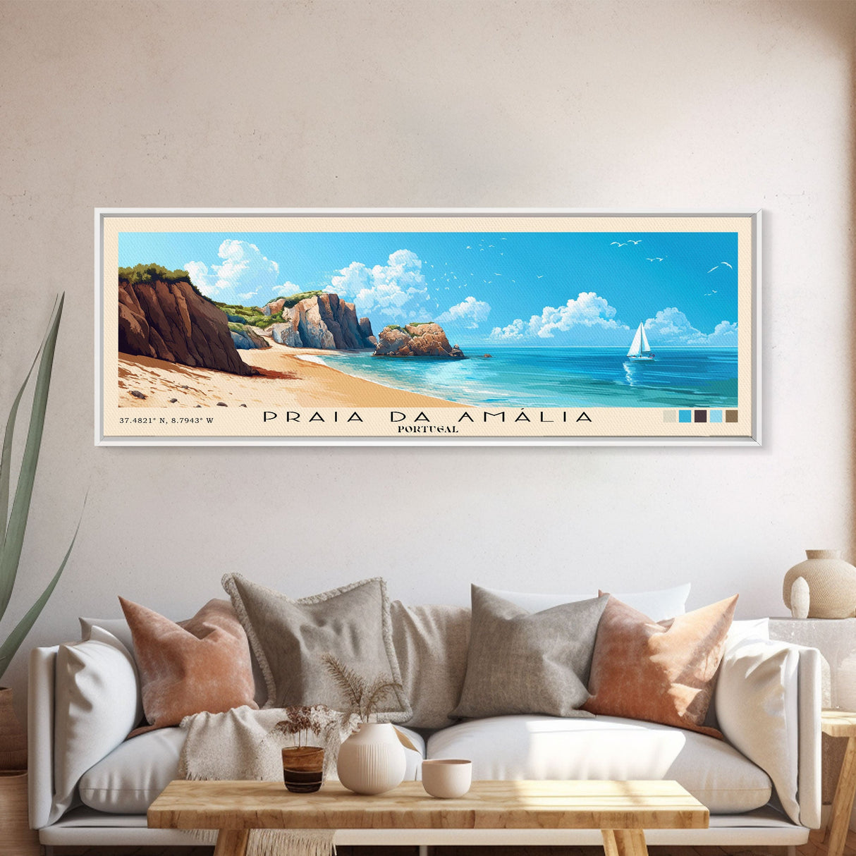 Praia da Amália, Portugal Panoramic Beach Print, Vacation Gift, Portugal Wall Art, Beach Painting, Beach Decor, Beach Painting