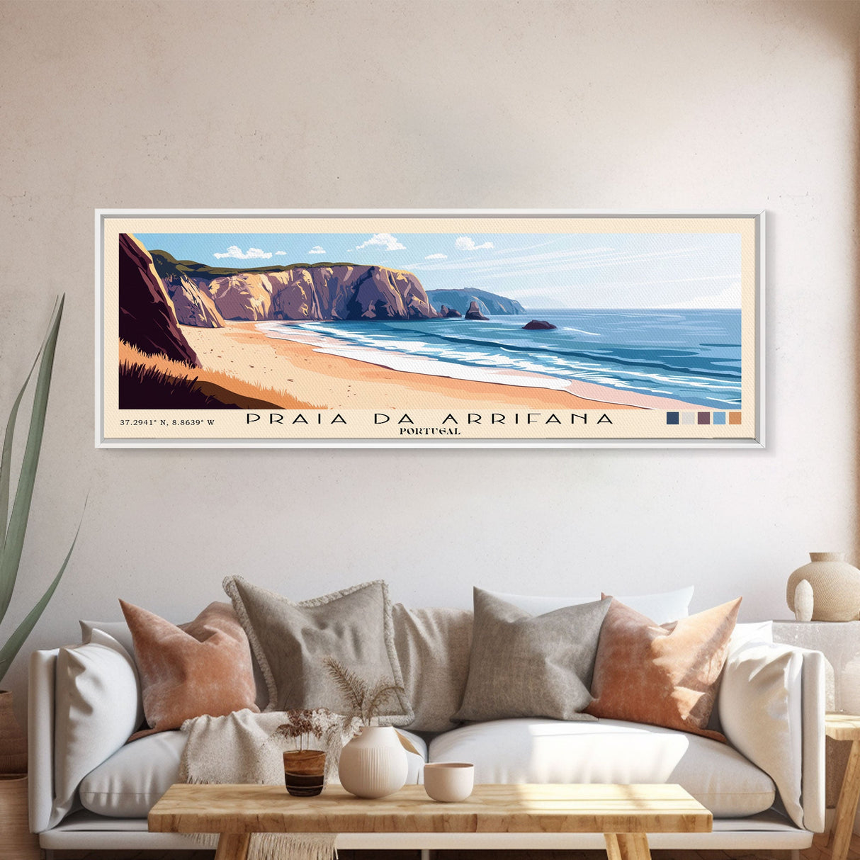 Praia da Arrifana, Portugal Panoramic Print, Vacation Gift, Portugal Wall Art, Beach Painting, Beach Decor, Large Wall Art, Wood Frame Art