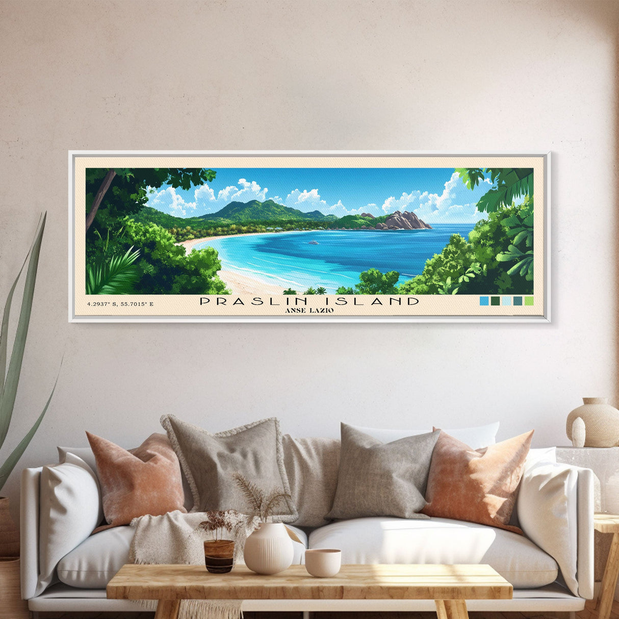 Praslin Island, Anse Lazio Panoramic Beach Print, Vacation Gift, Anse Lazio Wall Art, Framed Canvas Print, Framed Beach Painting