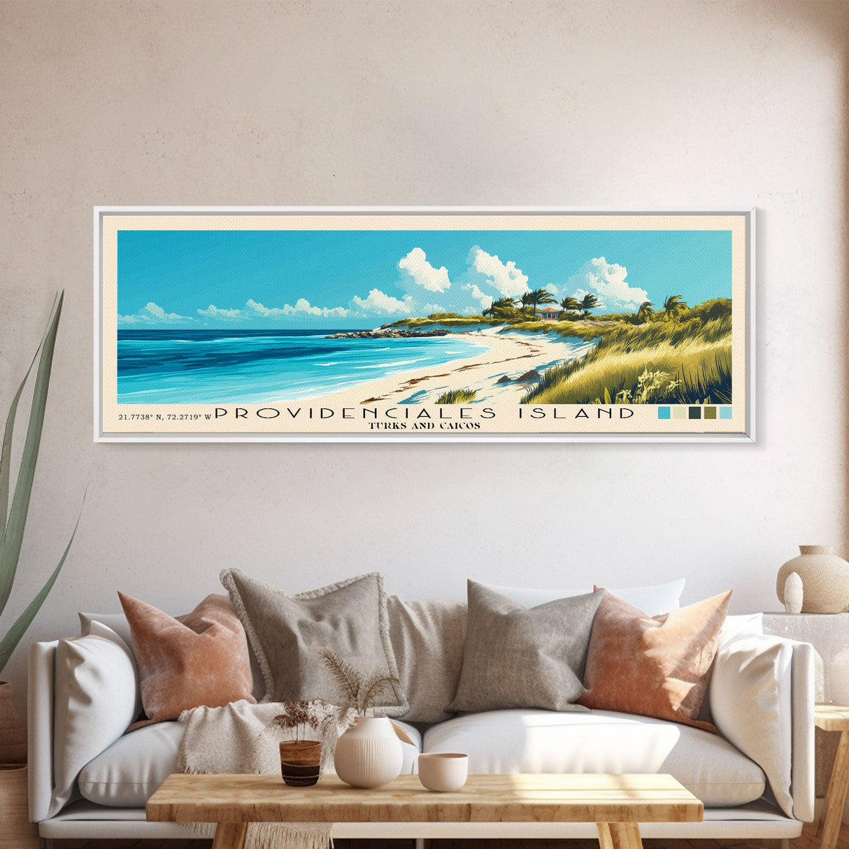 Providenciales Island, Turks and Caicos Panoramic Print, Vacation Gift, Turks and Caicos Wall Art, Beach Painting, Beach Decor, Large Wall Art, Wood Frame Art