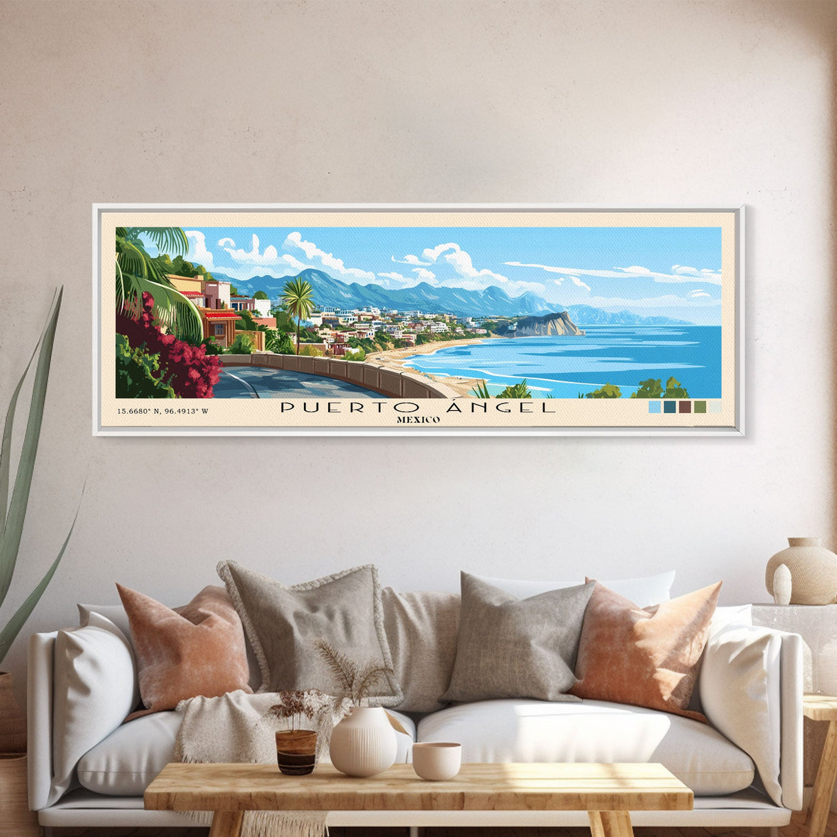 Puerto Ángel, Mexico Panoramic Beach Print, Vacation Gift, Mexico Wall Art, Framed Canvas Print, Framed Beach Painting