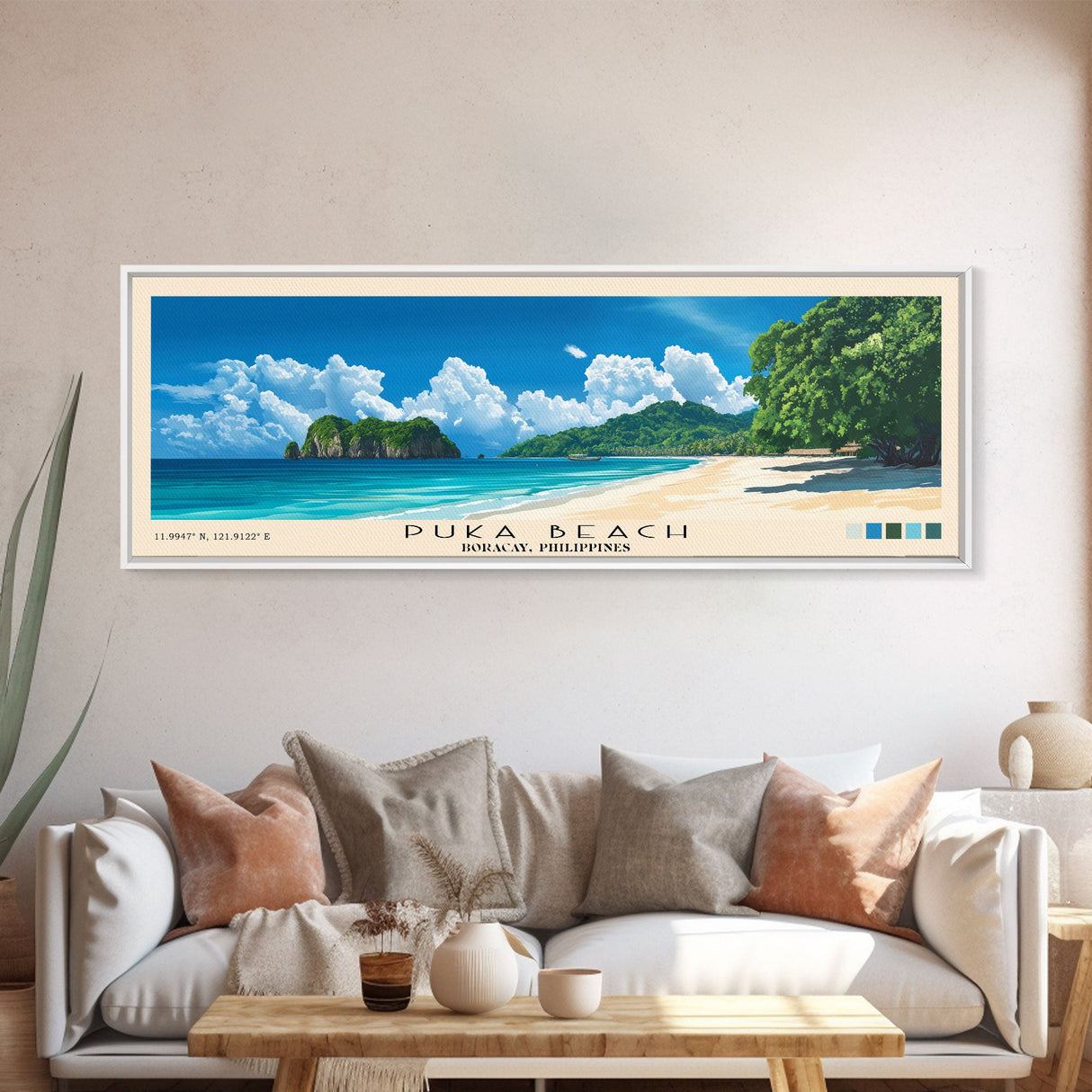 Puka Beach, Boracay, Philippines Panoramic Beach Print, Vacation Gift, Boracay, Philippines Wall Art, Framed Canvas Print, Framed Beach Painting