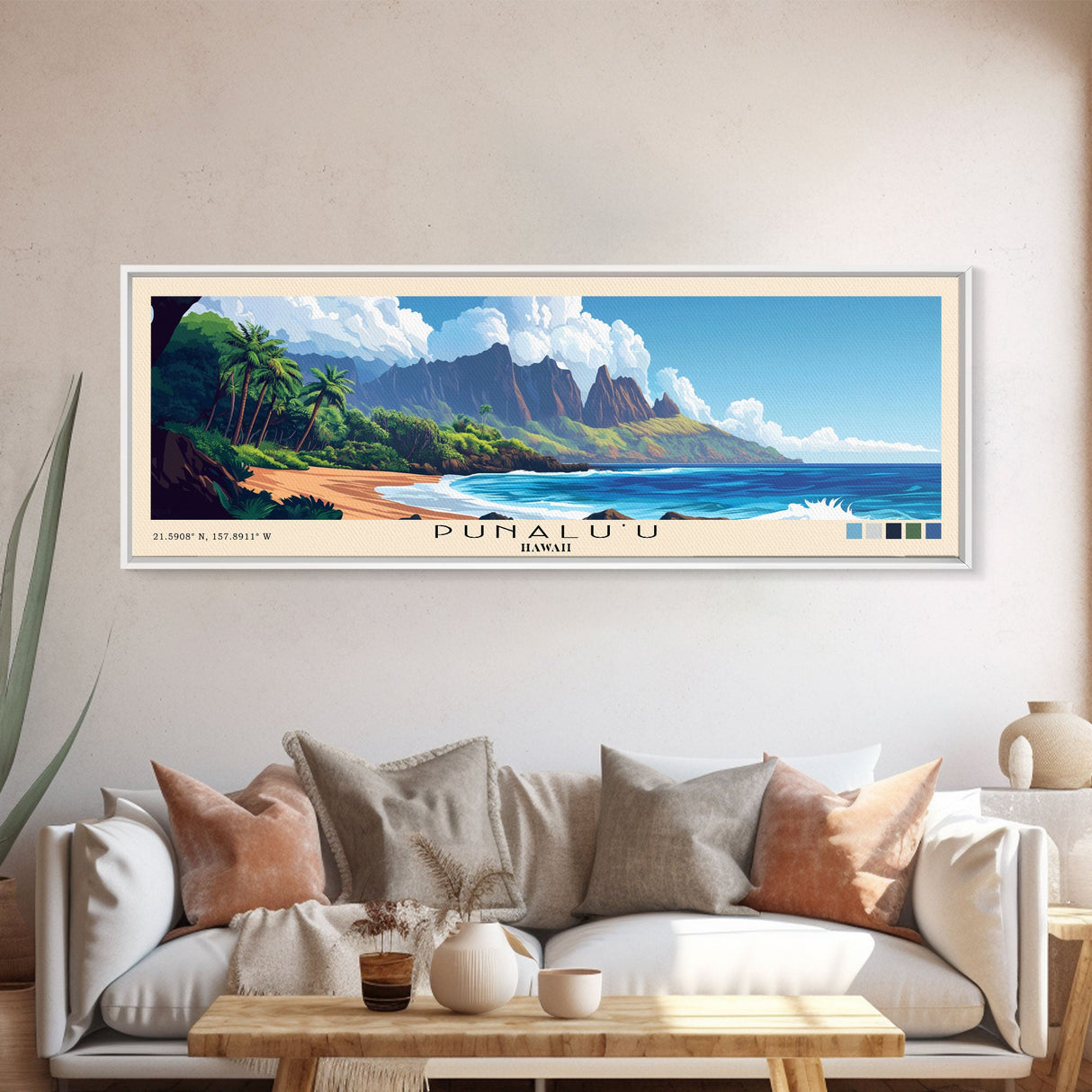 Punalu’u, Hawaii Panoramic Beach Print, Vacation Gift, Hawaii Wall Art, Framed Canvas Print, Framed Beach Painting