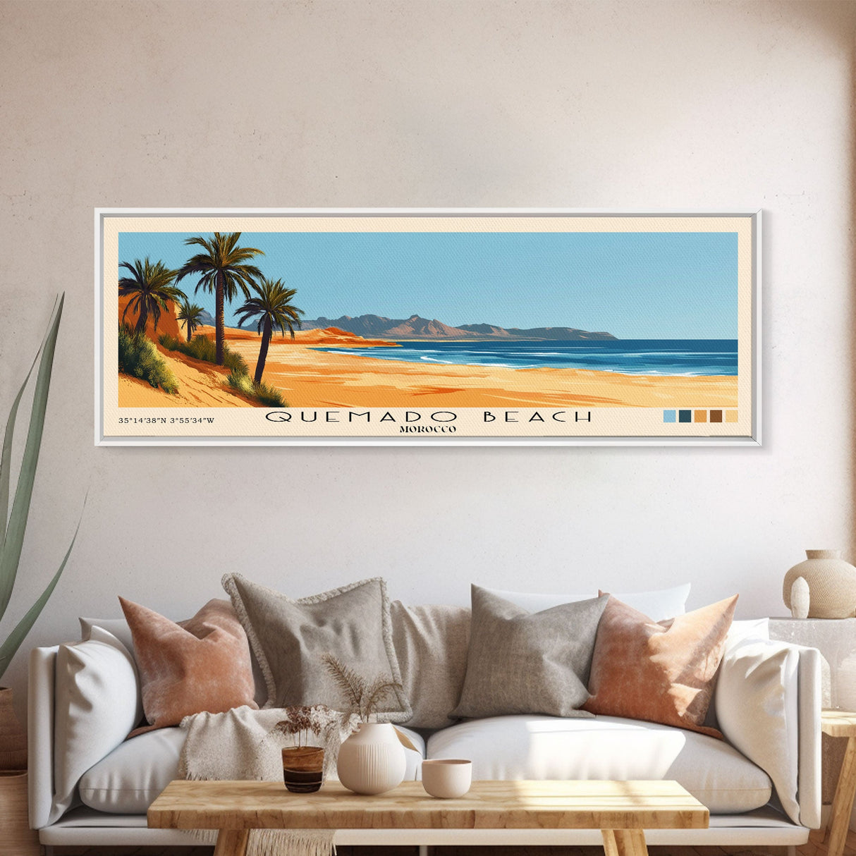 Quemado Beach, Morocco Panoramic Print, Vacation Gift, Morocco Wall Art, Beach Painting, Beach Decor, Large Wall Art, Wood Frame Art