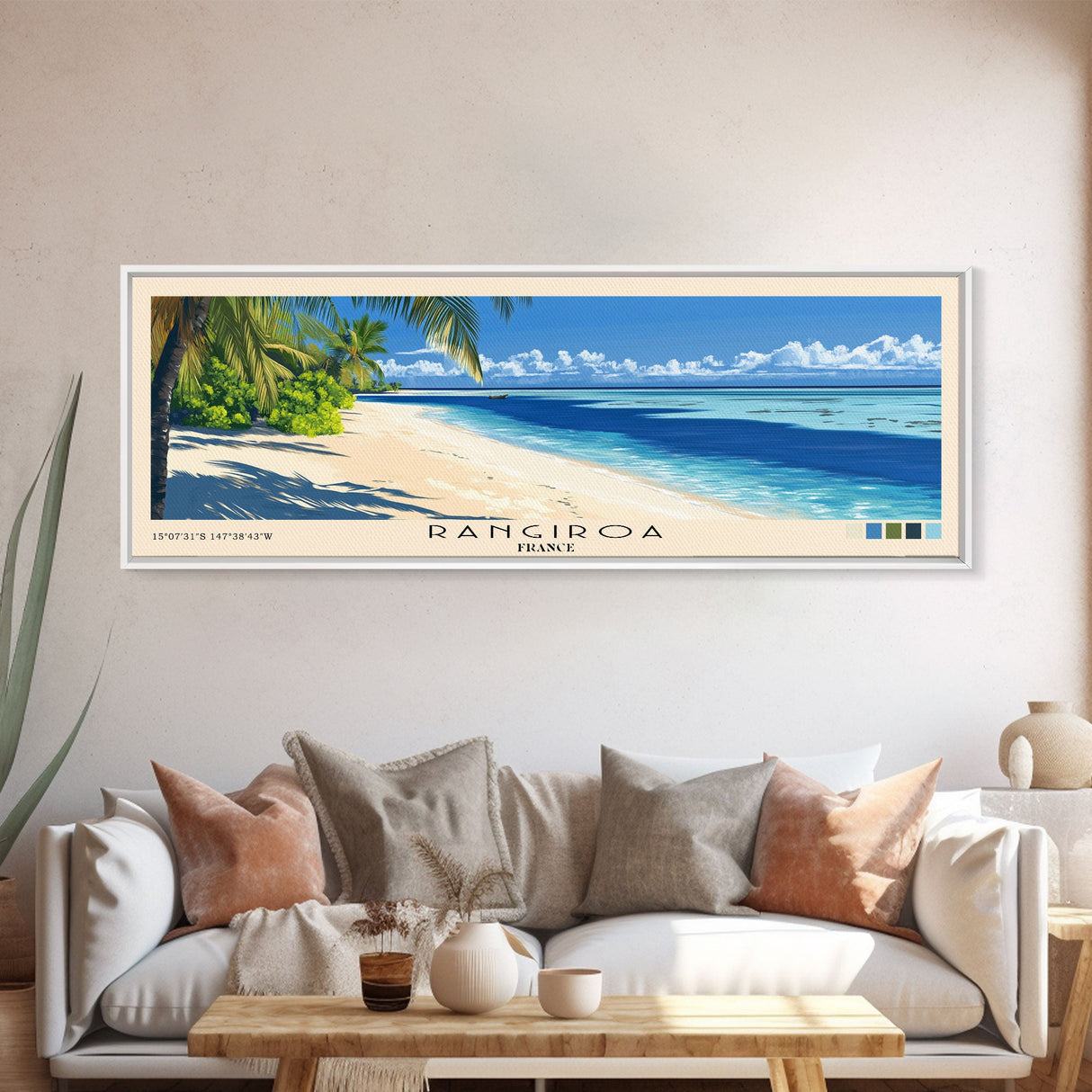 Rangiroa, France Panoramic Print, Vacation Gift, France Wall Art, Beach Painting, Beach Decor, Large Wall Art, Wood Frame Art