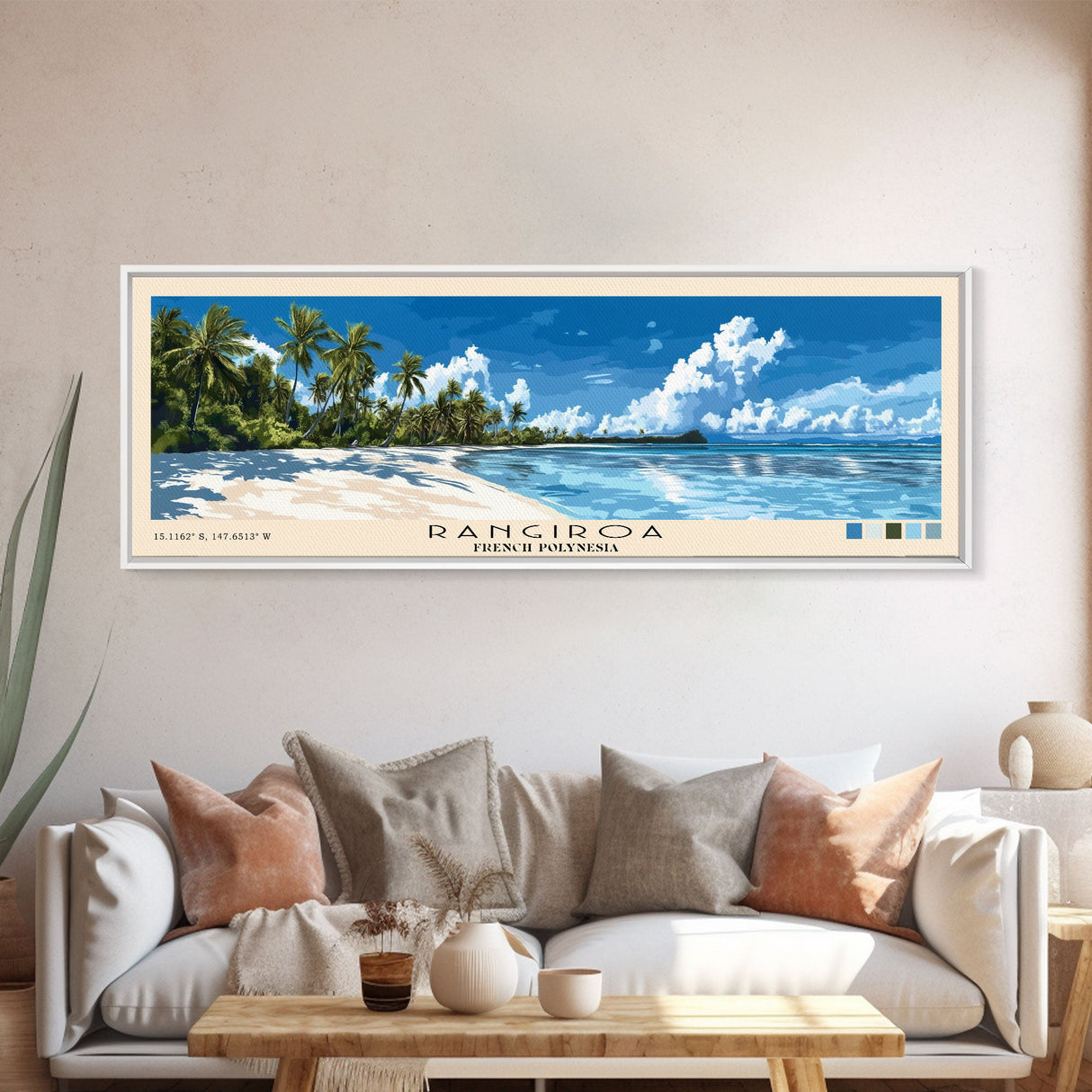 Rangiroa, French Polynesia Panoramic Beach Print, Vacation Gift, French Polynesia Wall Art, Framed Canvas Print, Framed Beach Painting