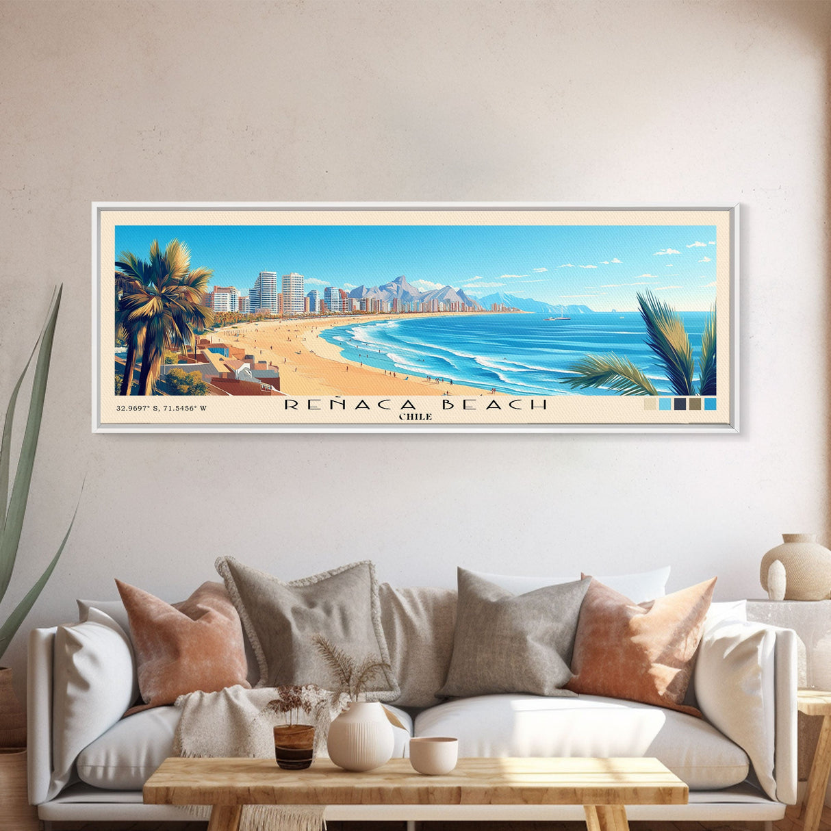 Reñaca beach, Chile Panoramic Print, Vacation Gift, Chile Wall Art, Beach Painting, Beach Decor, Large Wall Art, Wood Frame Art