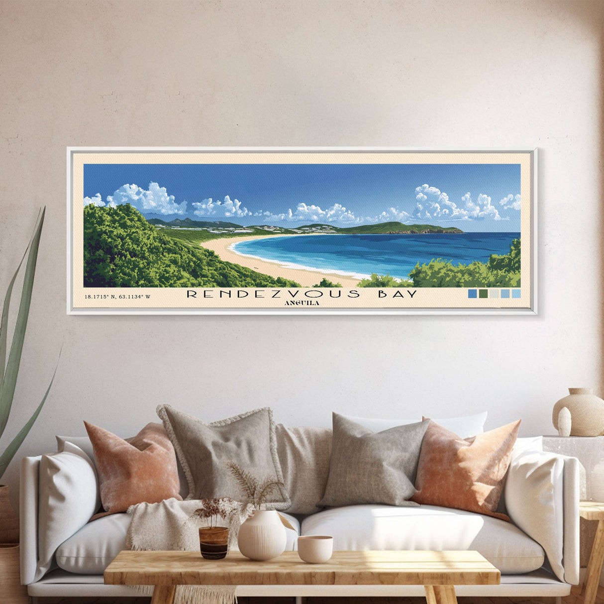 Rendezvous Bay, Anguila Panoramic Beach Print, Vacation Gift, Anguila Wall Art, Framed Canvas Print, Framed Beach Painting