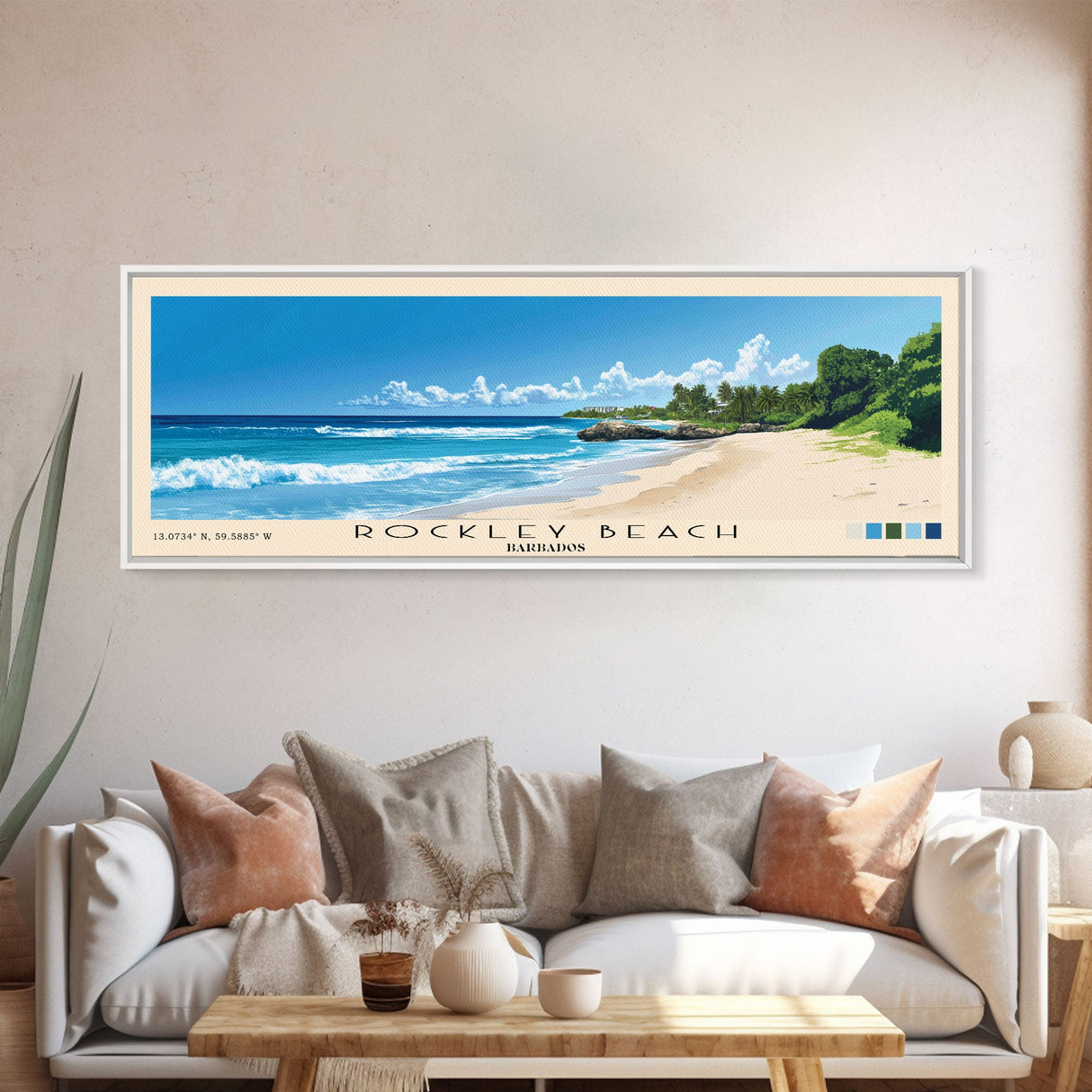 Rockley Beach, Barbados Panoramic Beach Print, Vacation Gift, Barbados Wall Art, Framed Canvas Print, Framed Beach Painting