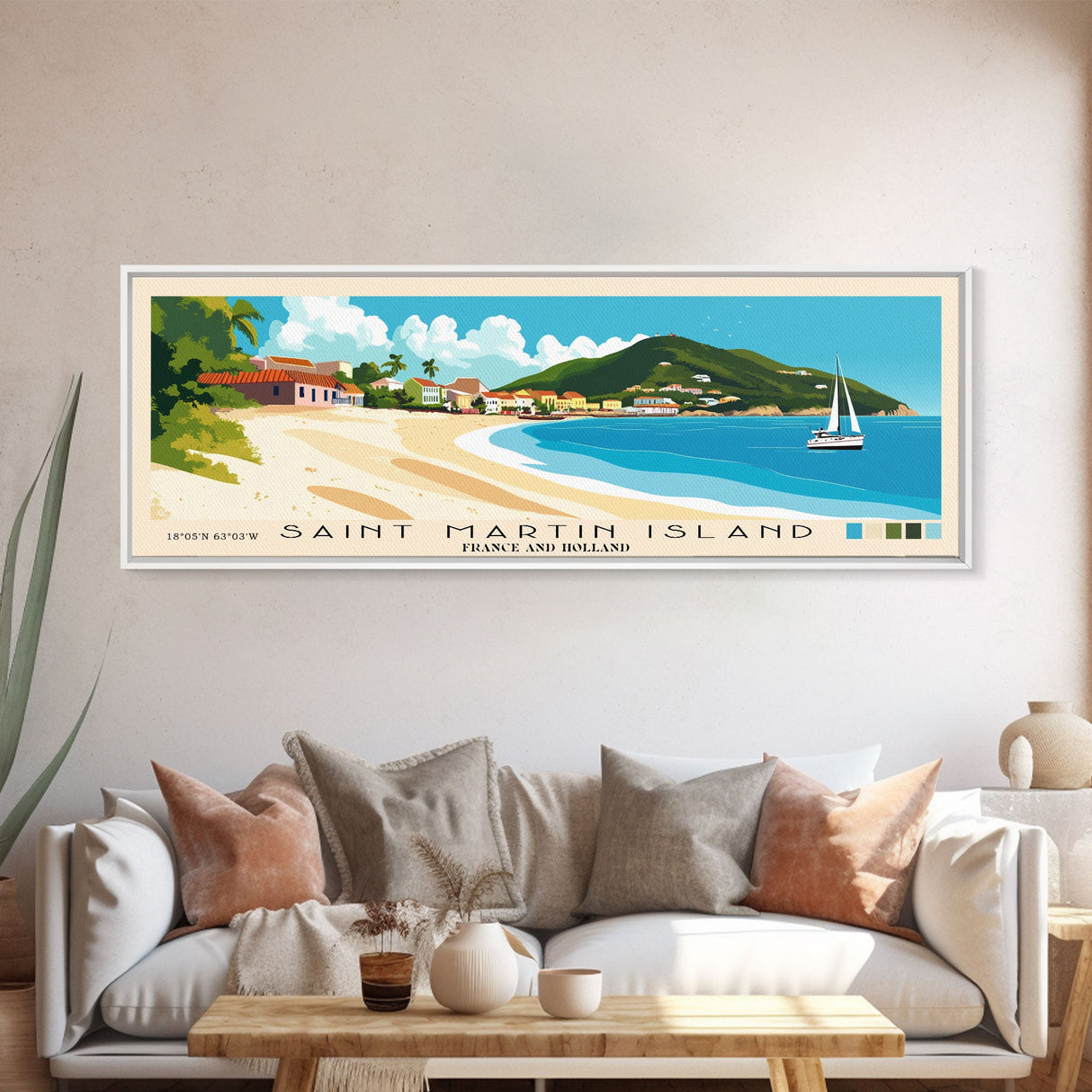 Saint Martin Island, France and Holland Panoramic Beach Print, Vacation Gift, France and Holland Wall Art, Beach Painting, Beach Decor, Beach Painting